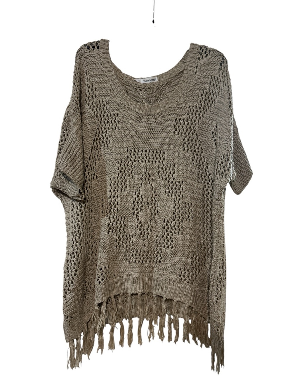 Maurices Taupe Open-Weave Fringe Knit Poncho